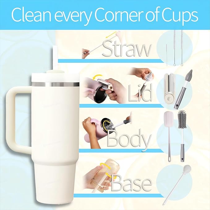 8Pcs Water Bottle Cleaner Brush Compatible with Stanley, Multipurpose Brush Cleaner Kit with Nylon Straw Brush 4 in 1 Bottle Gap Cleaner and Silicone Cup Cleaners