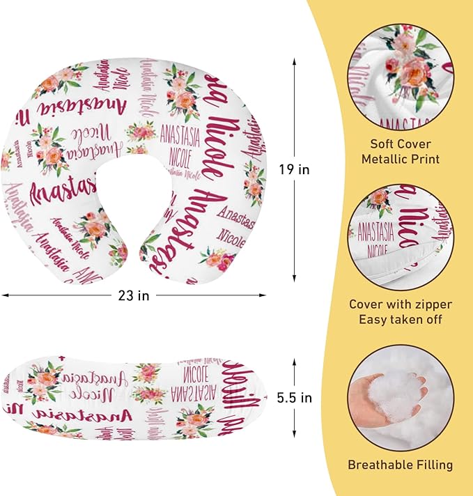 Customizable Flowers Baby Nursing Pillow Cover - Add Your Baby's Name, Ultra-Soft Stretch Fabric, Fits Standard Nursing Pillows, Ideal for Baby Showers Style 10