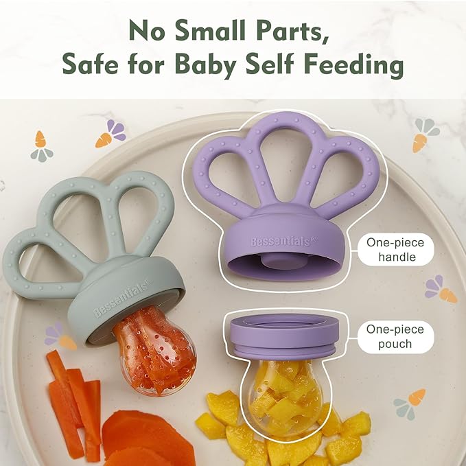 Carrot Baby Fresh Fruit Food Feeder & 2 Pack Silicone Mesh Feeders | Safe Infant Self-Feeding|Includes 3 Sizes of Food Pouches |Suitable for Baby 4M+|BPA-Free (Lilac & Misty Green)