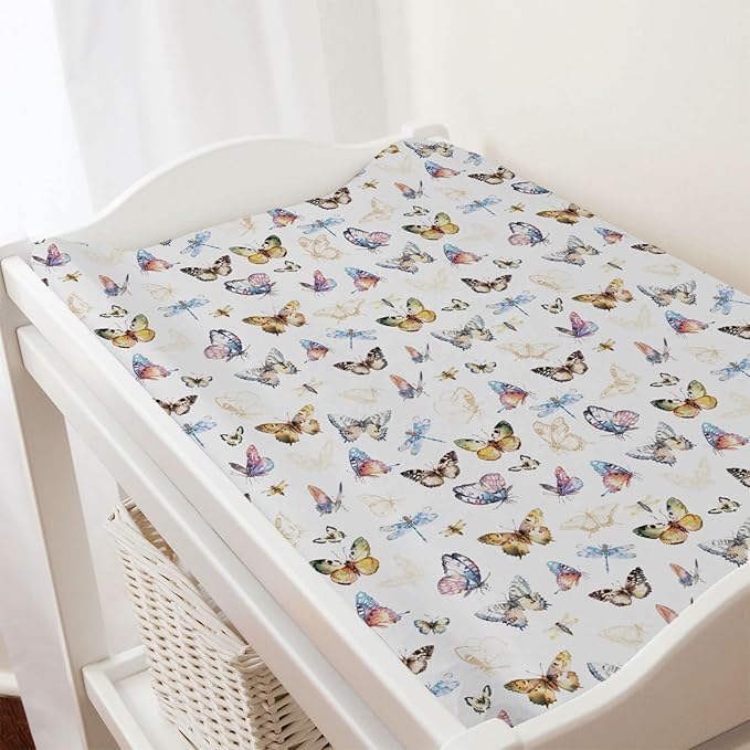 Boho Butterflies Changing Pad Cover, Soft & Breathable, 32''x16'', White, Polyester, Baby, Infant