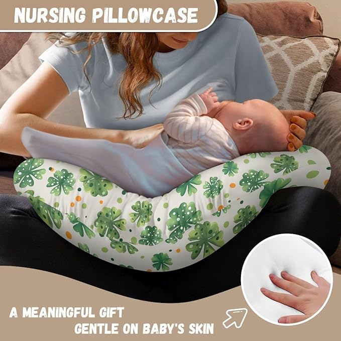 Saint Patrick’s Day Nursing Pillow Cover,Breathable Breastfeeding Pillow Slipcover for Baby Boys Girls,Clover Nursing Pillow Case for Newborn，Soft Fabric Fits Snug On Infant