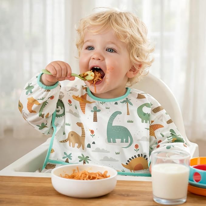 PandaEar 3 Pack Baby Long Sleeve Bibs, Waterproof Toddler Smock for Eating & Arts, Sleeved Bib with Elastic Cuffs & Pocket, Fits 6-36 Months (Whale/Dinosaur)