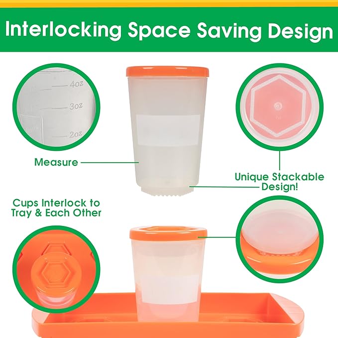 Baby Food Storage Containers w Interlocking Lids, 6 Pack- 4oz Reusable Leakproof Plastic Jars w Locking Tray- Freezer, Microwave & Dishwasher Safe- BPA/PVC Free, Compatible with Bullet Blender