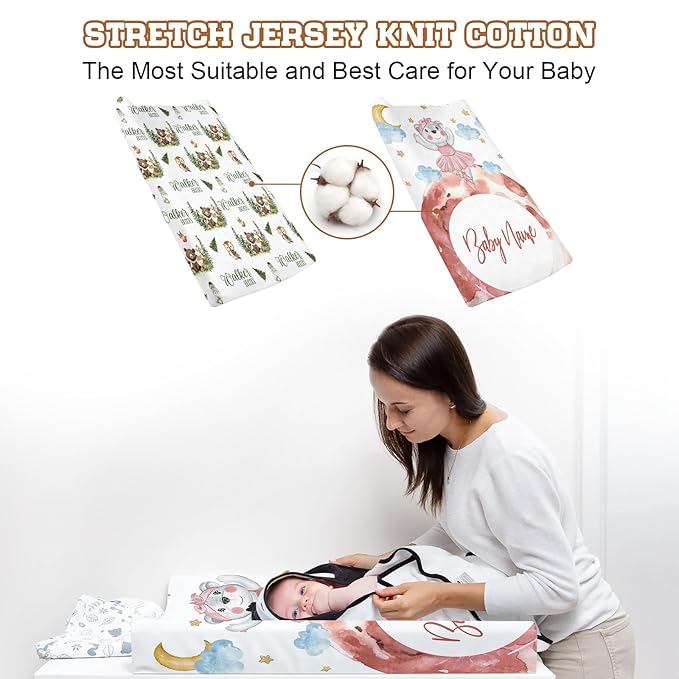 Custom Name Changing Pad Cover - 2 Piece Customizable Changing Pad Cover - Cotton Toddler Bear Pattern Baby Pee Pad Cover for Diaper Changing Table Nursery Protector
