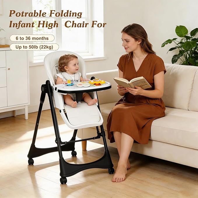 3-in-1 Baby High Chair | Convertible Baby High Chair for Babies and Toddlers | Brake Wheels, Easy Clean, Space Saving | Adjustable, Removable Tray (Black White)