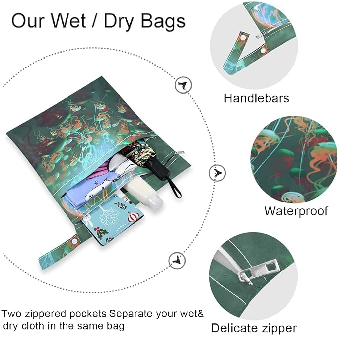 visesunny Fantasy Jellyfish 2Pcs Wet Bag with Zippered Pockets Washable Reusable Roomy Diaper Bag for Travel,Beach,Daycare,Stroller,Diapers,Dirty Gym Clothes,Wet Swimsuits,Toiletries