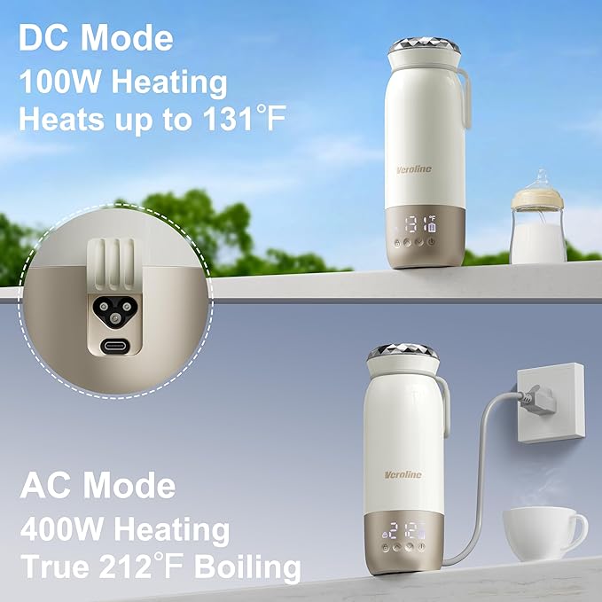 Portable Bottle Warmer for Travel, 18.6 Oz Portable Milk Warmer, 98-212℉ Adjustable, Baby Bottle Warmer On The Go with 12000mAh Battery, Fast Heating Water Warmer with Keep Warm & Sterilization