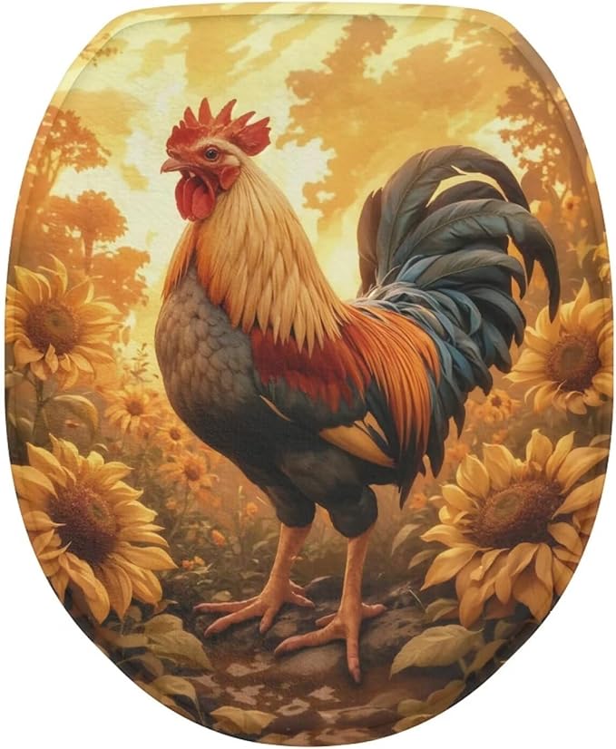 Toilet Seat Covers for Bathroom Rooster Sunflower Toilet Lid Covers Flannel Fabric Toilet Cover Set Stretch Washable Protector Cover Suitable for Home School Hotel Dormitory Apartment