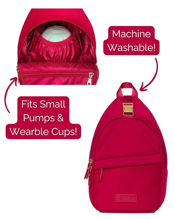 Sarah Wells Allie Sling Pump Bag – Fits All Wearable Cup Pumps & Portable Pumps – Machine Washable Neoprene Crossbody with Insulated Pocket, Water Bottle Holder & Hands-Free Design (Ruby)