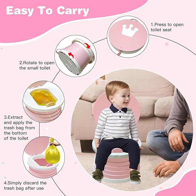 Portable Potty Chair for Toddlers with Splash-Proof Design, Foldable Travel Potty with Bag & 30 Refills - Kids Toilet for Car, Camping, Indoor - Easy Clean Baby Potty Training Seat(White-Pink)
