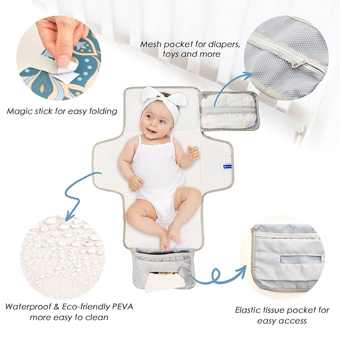 Portable Diaper Changing Pad Travel Baby Changing Mat Waterproof Diaper Changing Mat Foldable Lightweight Baby Changer with Built-in Pillow Yellow Mandala