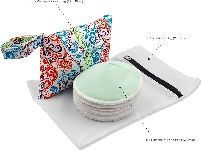 PINOWU Women’s Nursing Pads - 8 Washable Pads + Wet Bag + Wash Bag, Breastfeeding Nipple Pads for Maternity - Reusable Nipplecovers for Breast Feeding (Pastel Touch, Large 4.7")