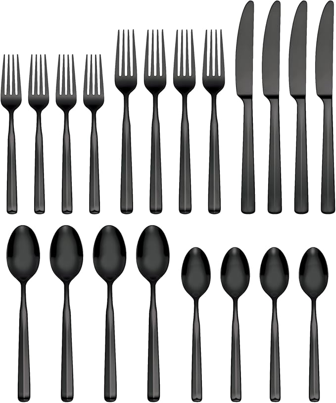 Oneida Silverware Set, Ryder Satin Black 20-Piece Flatware Set, Service For 4, 18/0 Stainless Steel, Dishwasher Safe, Cutlery Sets, Kitchen Utensils Sets, Knives Spoons And Forks (Black, 20 Pieces)