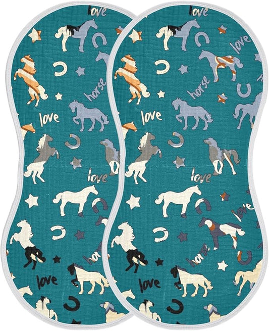 Horse Pattern Star Horseshoes Letter Muslin Burp Cloths for Baby 2 Pack 100% Cotton Baby Washcloths Bibs for Boy Girl