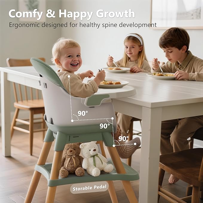 Kinder King 7 in 1 Baby High Chair for Babies and Toddlers with Large Storage Footrest, Booster Seat, Convertible Wooden High Chair with 3-Depth Double Dishwasher Safe Tray, 5 Point Harness, Green