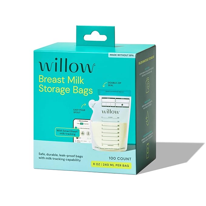 Willow - 8oz Breast Milk Storage Bags - SmartStash Tracking - 100ct - Double Zip Seal for Durability - Freezer & Fridge Breastmilk Storage - Easy Pour Spout - BPA Free - Breastfeeding Essentials