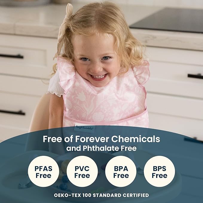 Tiny Twinkle Mess-Proof Baby Bib - Waterproof Bib for Baby Boy or Girl - Machine Washable, Adjustable Closure - PVC, BPA & Phthalate Free - Great for Travel - Baby Food Bibs (5 Pack, Girl Solids)