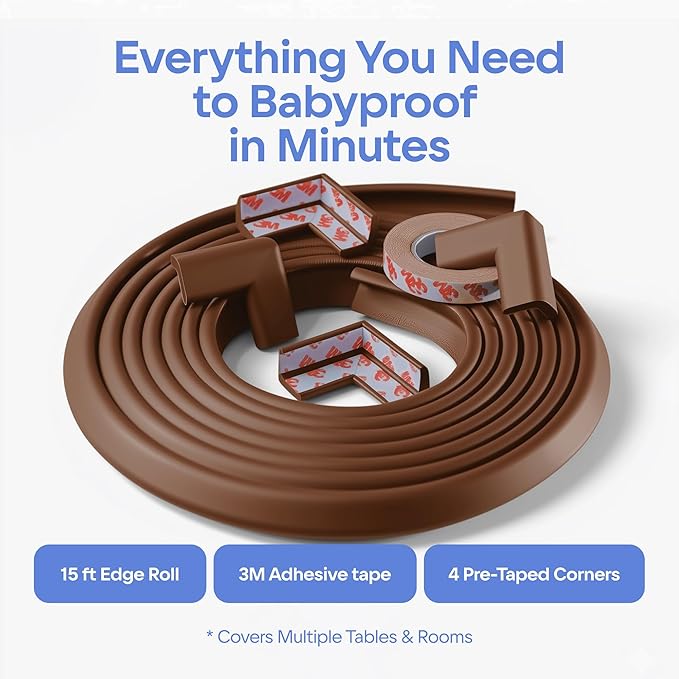 Furniture Edge 16.2ft & Corner Guards | Protective Foam Cushion | 15ft Bumper 4 Adhesive Childsafe Corners | Baby Child Proofing Foam Set for Table, Fireplace, Countertop | Brown