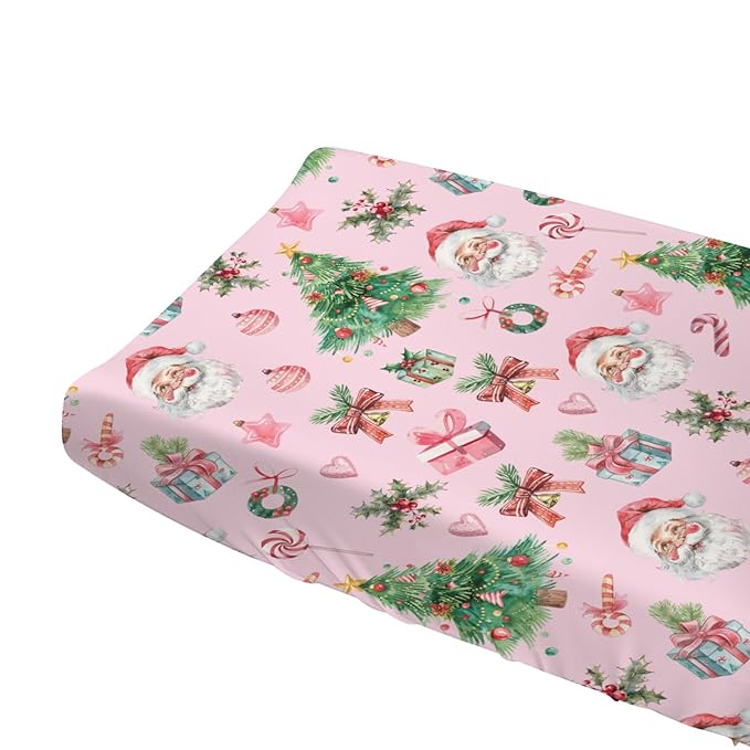 Vintage Pink Watercolor Santa Claus Baby Changing Pad Covers Retro Christmas Santa Trees Gift Candy Diaper Changing Table Sheets for Boy Girl Soft Stretchy Snug Fitted Change Table Mat 32''x16''