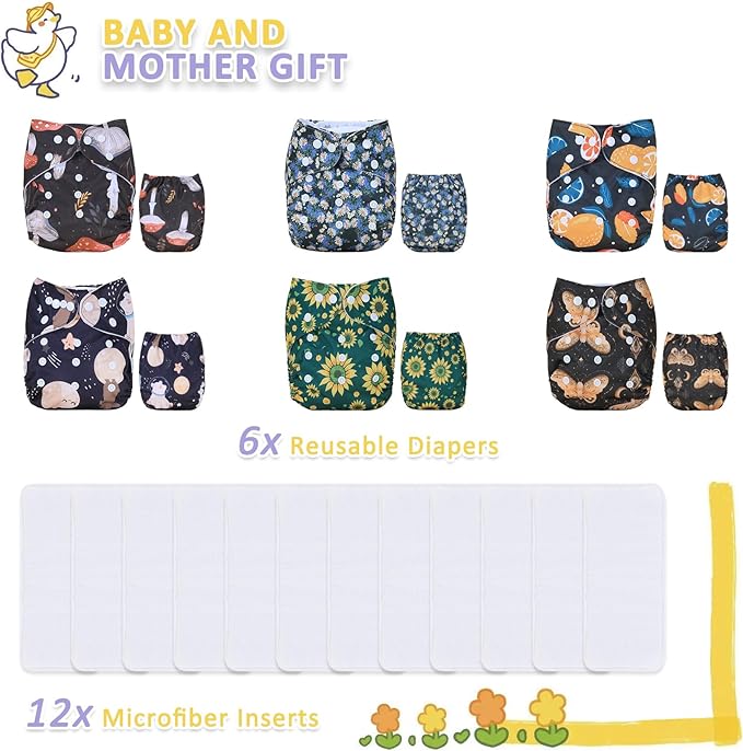 TDIAPERS Cloth Diapers Reusable Washable Pocket Diapers Cover One Size Adjustable for Baby 6 Pack with 12 Inserts