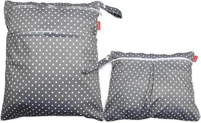 Damero 2pcs Wet and Dry Bag, Travel Wet Dry Bag with Handle for Cloth Diaper, Pumping Parts, Clothes, Swimsuit and More, Gray Dots