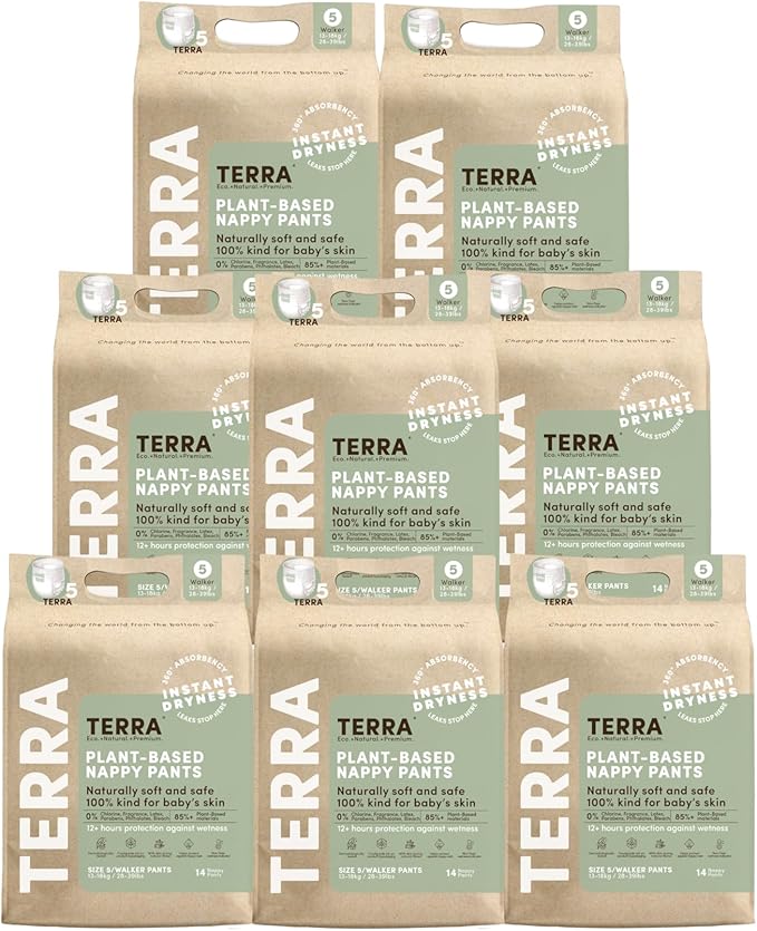 Terra Training Pants Size 5: 85% Plant Based Pull-Up Style Diapers, Ultra-Soft & Chemical-Free for Sensitive Skin, Superior Absorbency, Perfect Overnight Diapers, for Toddlers 28-39 Pounds, 112 Count