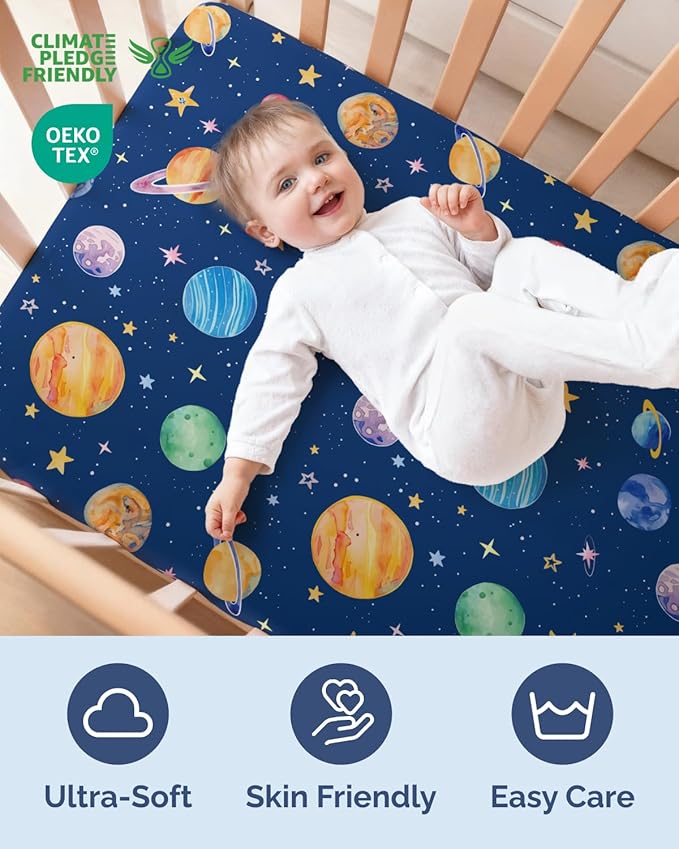 2-Pack Mini Crib Sheets Fitted - Pack N Play Sheets for Pack and Play Mattress - Stretchy Soft Microfiber Playard Bedding - Mini Toddler Bed Cover for Boys and Girls - Oeko-Tex - 38 x 24in, Planets
