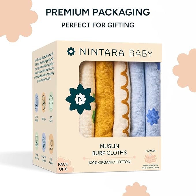 Anti-seep Burp Cloths - 100% Organic Muslin Cotton, 7-Layer Absorbent & Waterproof, Extra-Large (22" x 12”), Soft & Hypoallergenic, Multipurpose Baby Essentials for Newborns, Pack of 6
