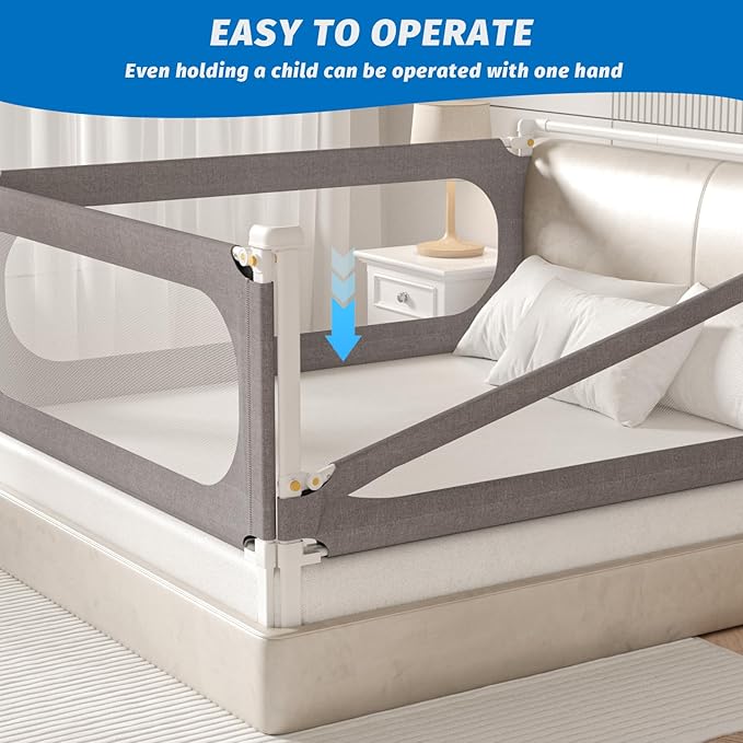 3-Piece Full Size Bed Rails for Toddlers, with Headboard Rod -Height Adjustable Baby' Safety Bed Rails Guard for Full Size Bed(3Pack 74.8"x74.8"x54"-Gray)