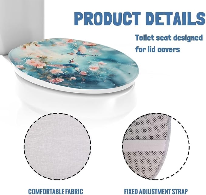 Hummingbird with Flower Toilet Lid Covers Soft Flannel Fabric Bathroom Dust Covers Elastic Bottom Soft and Breathable Seat Covers Toilet Seat Cover Set Universal for Most Toilet Bowl Lids
