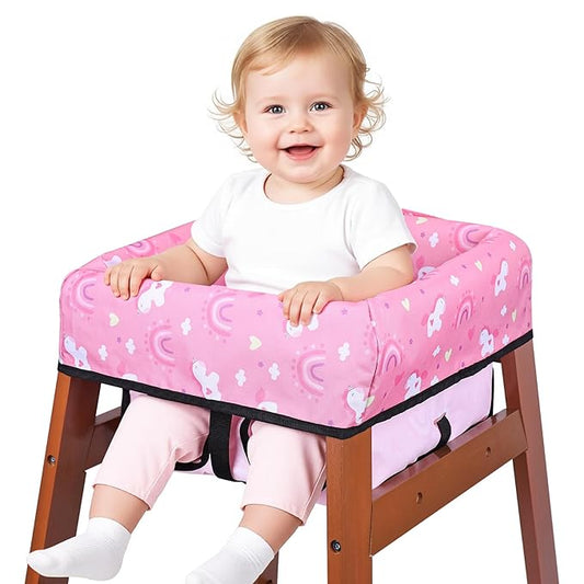High Chair Cover, Baby High Chair Cover for Restaurants, Waterproof Portable Highchair Covers with 3-Point Harness for Eating, Travel, Home, Machine Washable, Fits Wooden Chairs (Pink)