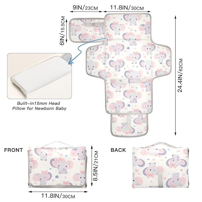 Reusable Diaper Change pad with Tissue Pocket Diaper Changing pad Travel with Built-in Pillow- Pastel Color Elephants