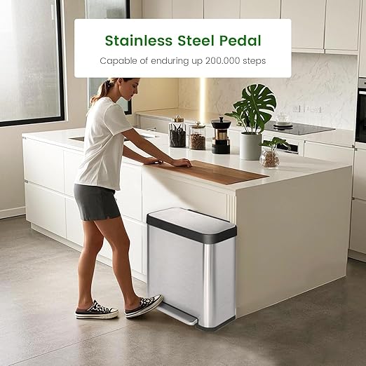 13 Gallon Trash Can, Large Kitchen Garbage Can with Lid, Stainless Steel Trash Bin Liner Free, Step Peal Garbage Bin, Metal Trash Can with Soft Closed&Stay Open Lid, 50 Liter, Silver