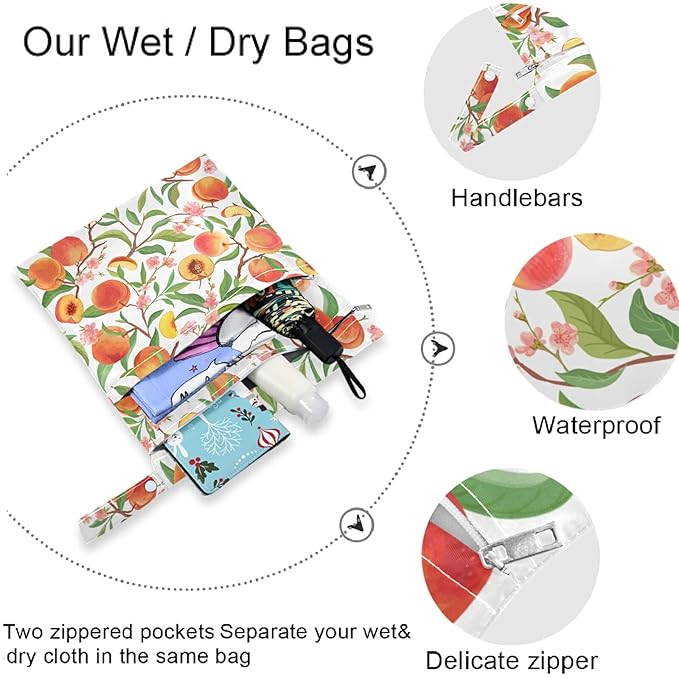 visesunny Peach Tropic Fruit Leaf Flower 2Pcs Wet Bag with Zippered Pockets Washable Reusable Roomy Diaper Bag for Travel,Beach,Daycare,Stroller,Diapers,Dirty Gym Clothes,Wet Swimsuits,Toiletries