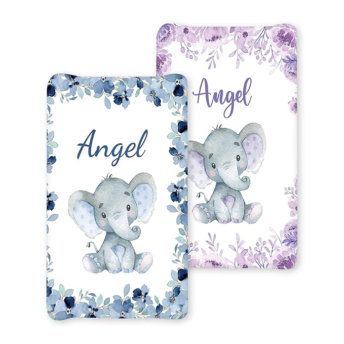 Personalized Baby Changing Pad Cover with Name - 2 Piece Lovely Blue Elephnat Baby Pee Pad Cover for Diaper Changing Table, Portable Custom Gifts for Infant Baby