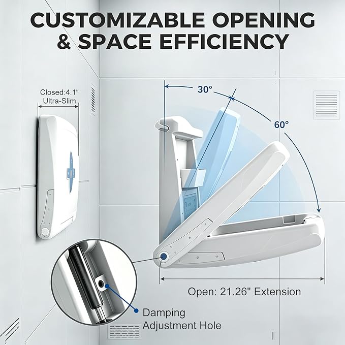 Commercial Baby Changing Station Wall Mounted Fold Down Diaper Changing Table for Public Restrooms, HDPE Changing Station with Safety Strap, Storage Shelf & Bag Hooks, Supports Up to 45lbs