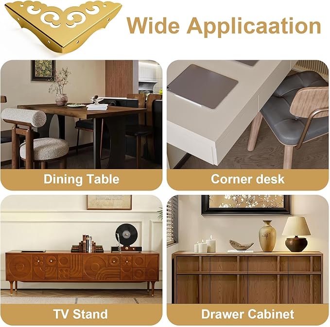 4 Pcs Brass Corner Protectors for Furniture,Retro Style Guard Cabinet Furniture Corner Bumpers for Jewelry Box Gift Box Wooden Case Cabinet Furniture Decorative (Gold)