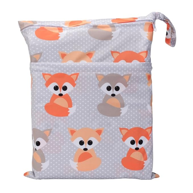 2 Wet Bags Reusable Diaper Nappy Waterproof With Two Zippered Pockets (Baby Fox and Regal Deer)