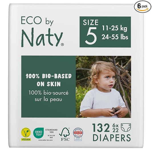 Eco by Naty Baby Diapers - Plant-Based Eco-Friendly Diapers, Great for Baby Sensitive Skin and Helps Prevent Leaking (Size 5, 132 Count)