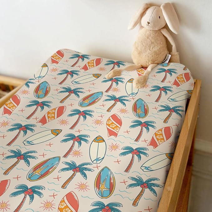 Retro Boho Surfing Changing Pad Covers for Baby Girls Boys Vintage Summer Surfboards Coconut Palm Trees Sun Fitted Change Table Pad Covers Mats Beach Life Soft Diaper Changing Pad Sheets 32''×16''