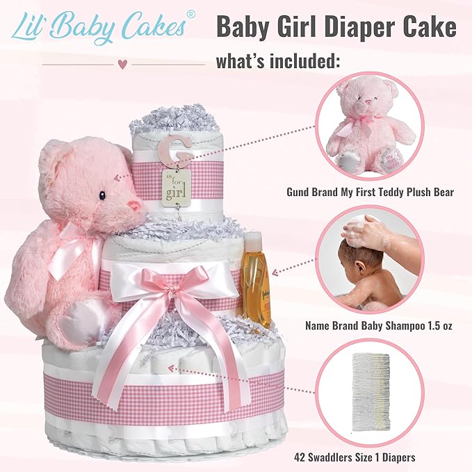 Lil' Baby Cakes Baby Girl Diaper Cake with Pink Plush Teddy Bear for Baby Showers or Newborn Gift - Pink and White Colors - Handmade Gift Using 42 Swaddler 1 Diapers - Size 10 in x 12 in