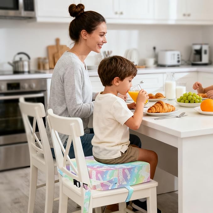 Toddler Booster Seat for Dining Table Kitchen Chair, Kids Booster Seat with Non-Slip Bottom and Adjustable Straps, 4" Detachable Washable Portable Travel Increasing Cushion (Rainbow Unicorn)