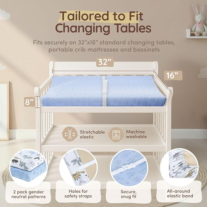 Baby Changing Pad Covers Table Sheet 32"x 16", 8" Deep Pocket - Diaper Cotton Dinosaur Changing Pad Cover, 100% Cotton Cover Sheets 2 Pack, Dino Baby Sheets, Designed in France, Dino Safari