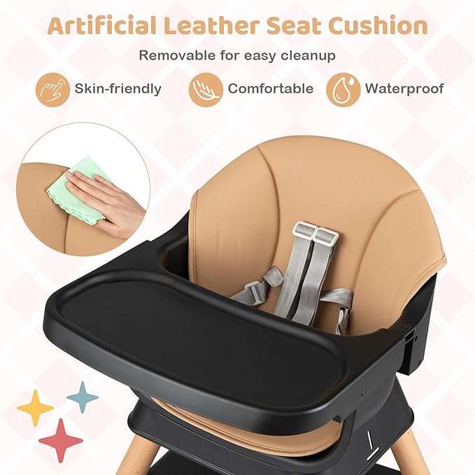 BABY JOY High Chair, 9-in-1 Convertible Highchairs for Babies and Toddlers, Booster Seat | Table & Chair Set | Stool, Adjustable Legs, Removable Tray, Safety Harness & PU Cushion (Brown)