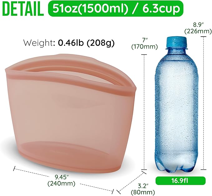 Reusable Silicone Food Storage Bag, 6 Cups, Large Container, Made in Korea BPA-Free Platinum Silicone, Triple-Airtight Freezer Bag, Microwave Safe, Sous Vide, Meal Prep, 51oz, Dry Rose