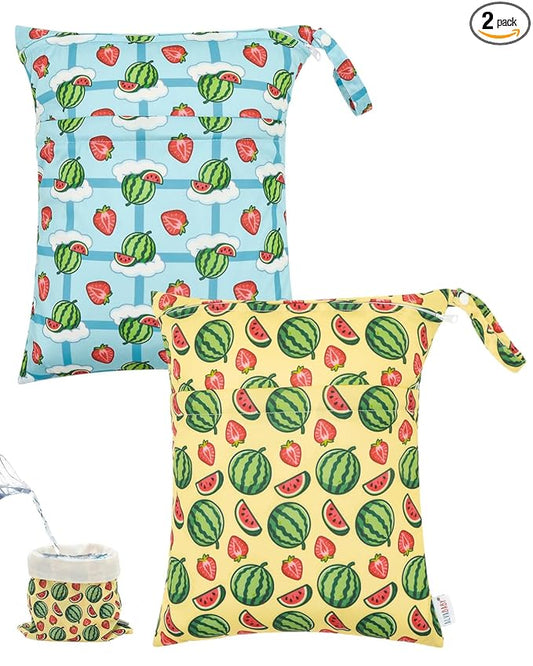 ALVABABY 2pcs Waterproof Wet Dry Bags,Reusable with Two Zippered Pockets,Baby Cloth Diaper,Travel,Beach,Pool,Daycare,Soiled Baby Items,Yoga Gym Bag,Swimsuits or Wet Clothes 2LW06