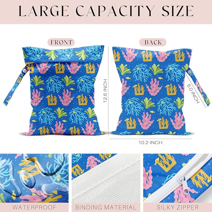 Wet Bag, Wet Dry Bag, Waterproof Swim Bags, Machine Washable Reusable Bags for Beach, Pool, Diapers, and Dirty Yoga Gym Clothes(Colorful Sea Anemone Coral Print
