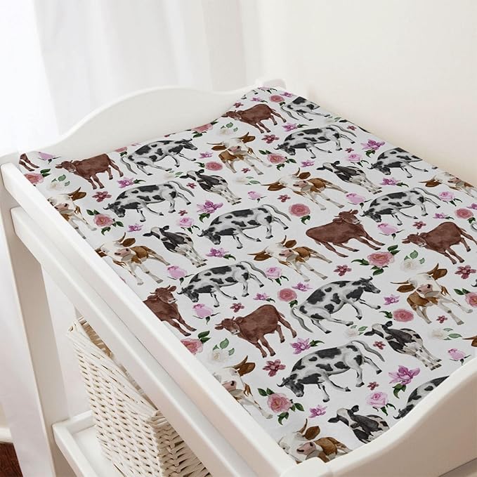 Cute Cows Changing Pad Covers Watercolor Cows Boho Floral Baby Nursery Diaper Changing Pad Sheets for Boys Girls Ultra Soft Breathable Stretch Changing Table Mat Sheets Cover 32''x16''