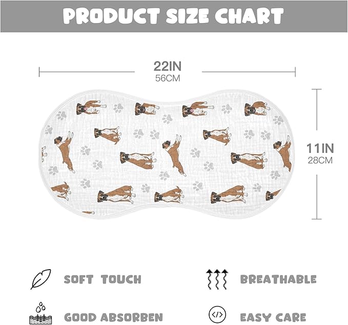 1 Pack Muslin Burp Cloths Boxer Dogs White Cotton Baby Burp Cloths Ultra Absorbent Soft Burping Cloth Washcloths for Newborn Baby Boys Girls 22x11 Inch