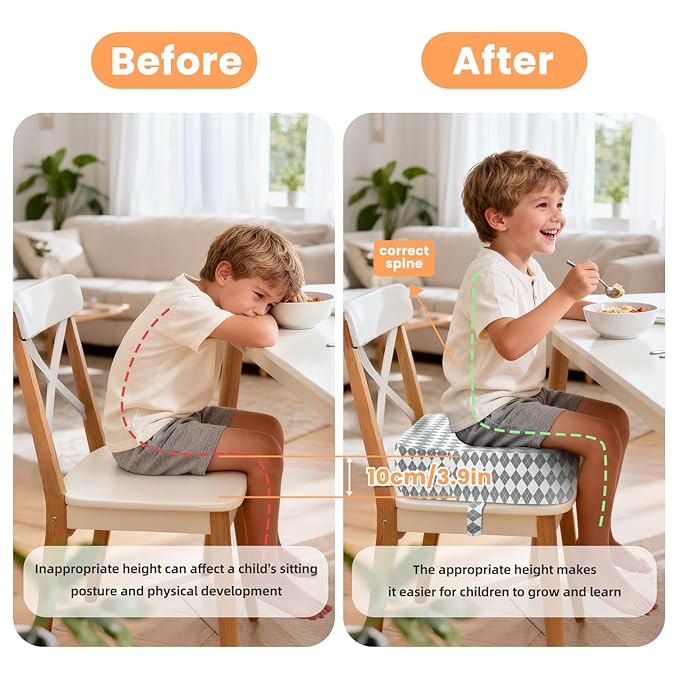 Toddler Booster Seat for Dining Table Kitchen Chair, Kids Booster Seat with Non-Slip Bottom and Adjustable Straps, 4" Detachable Washable Portable Travel Increasing Cushion (Geometric)